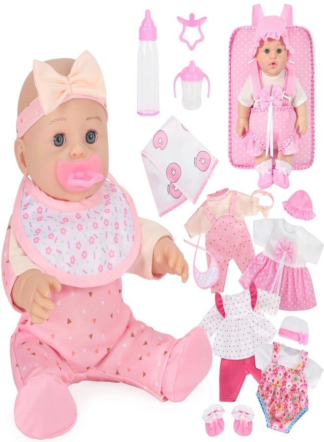 Mastom 12'' Baby Doll Playset with 4 Outfits Backpack, 12 Inch Realistic Baby Dolls with Clothes Backpack and 2 Bottles Bib Quilt Nipple Socks, Pretend Play Baby Doll Gift for Toddlers Girls Age 3+ - Image 1
